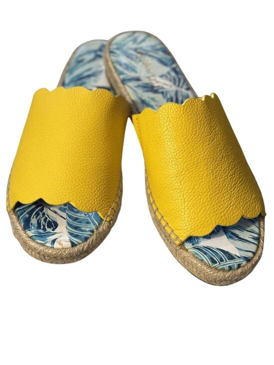 J. McLaughlin Shoes - Aries Yellow Leather Scalloped Espadrille Slides Woven Tropical Print Sole Size